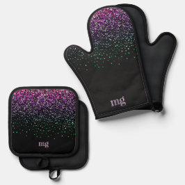 Schwarz mit farbenfroher Glitzer Akzent Ofenhandschuh & Topflappen-Set