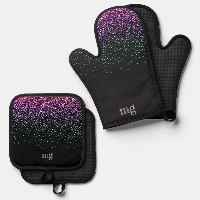 Schwarz mit farbenfroher Glitzer Akzent Ofenhandschuh & Topflappen-Set (Vorderseite/Rückseite)