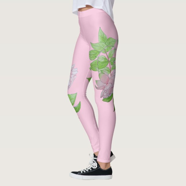 Schwarz mit fett rosa Blume Blumenmuster Leggings (Links)