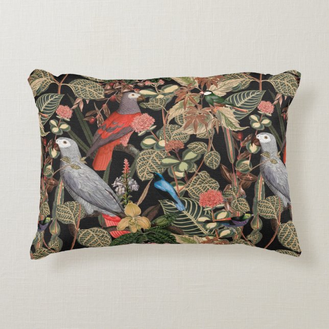 Schwarz mit floraler Vogelkunst Dekokissen (Vorderseite)