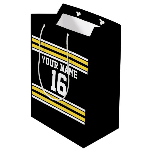 Schwarz mit gelben weißen Streifen Team Jersey Mittlere Geschenktüte (Rückseite Schrägansicht)