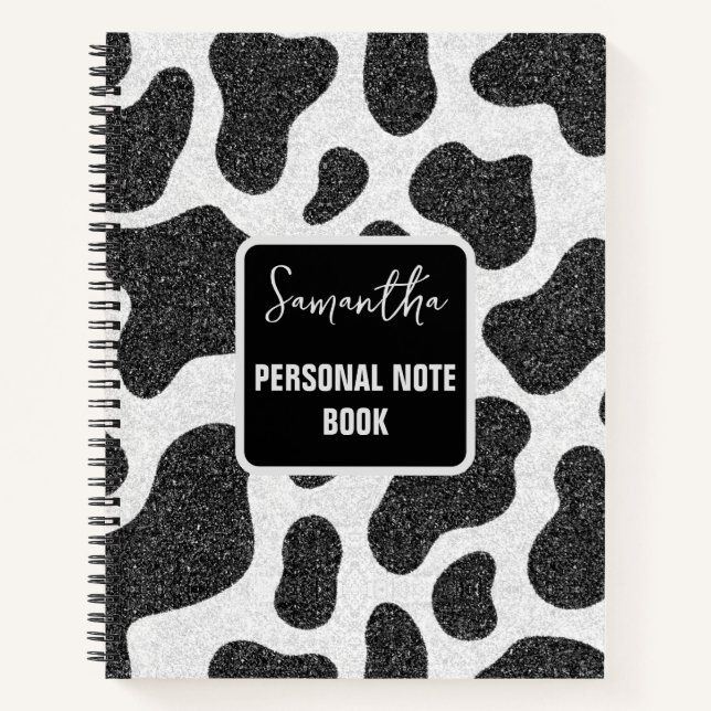 Schwarz mit Glitzer überall über Kuhdruck Notizbuch (Vorderseite)