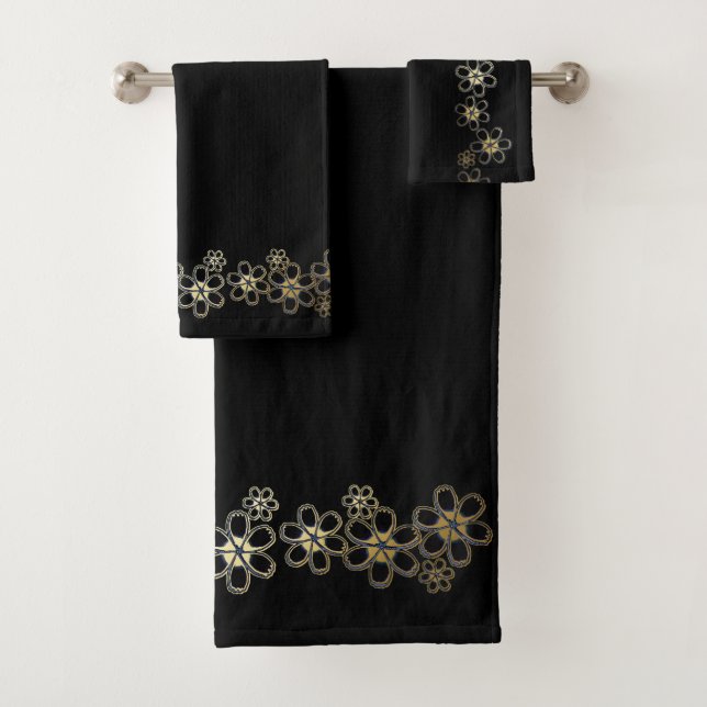 Schwarz mit Gold-Blume Badhandtuch Set (Insitu)