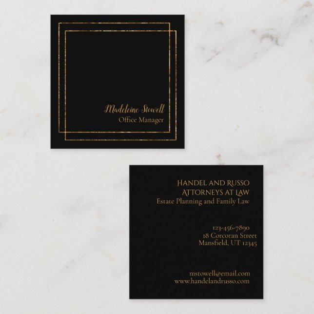 Schwarz mit Gold Foil Moderne minimalistisch Quadratische Visitenkarte (Vorne/Hinten)