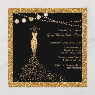 Schwarz mit Gold Glitzer Sweet 16 Einladung