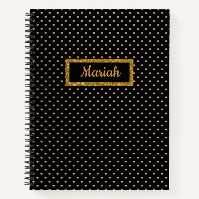 Schwarz mit Gold Hearts und Gold Glitzer Namplate Notizbuch (Vorderseite)