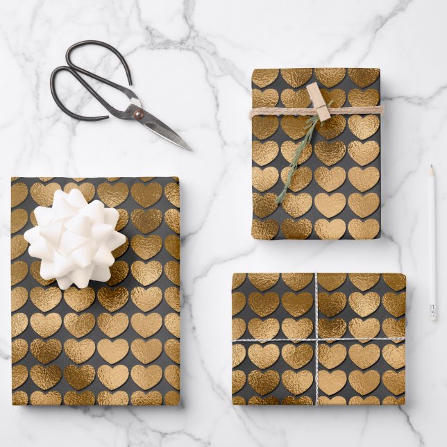 Schwarz mit Gold Herz Valentins Geschenkpapier Set (Vorderseite)