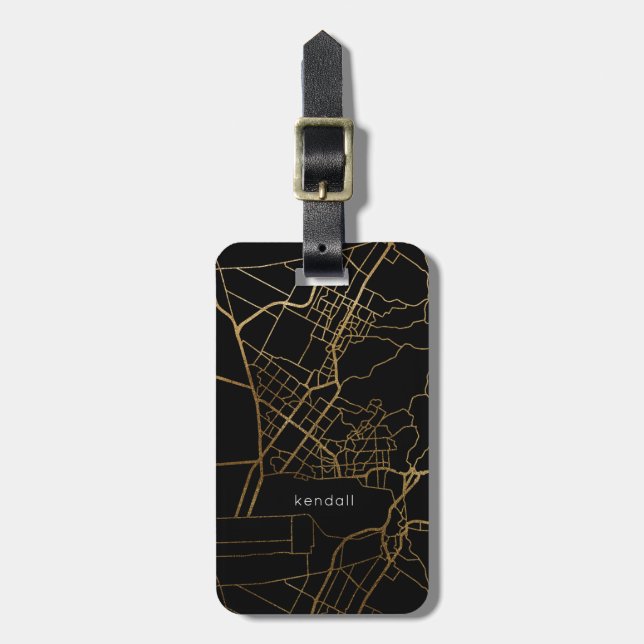 Schwarz mit Gold Look Map Name Gepäckanhänger (Vorderseite vertikal)