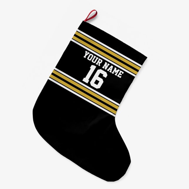 Schwarz mit Gold White Stripes Team Jersey Großer Weihnachtsstrumpf (Vorderansicht (hängend))