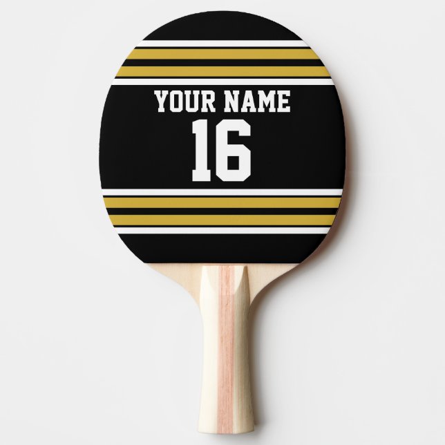 Schwarz mit Gold White Stripes Team Jersey Tischtennis Schläger (Vorderseite)