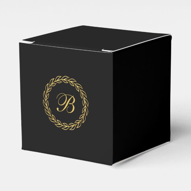 Schwarz mit goldenem Laurel Wreath und Monogram Geschenkschachtel (Vorderseite)