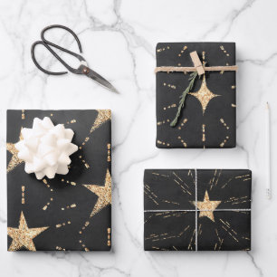 Schwarz mit goldenen Sternexplosionen und Sternens Geschenkpapier Set