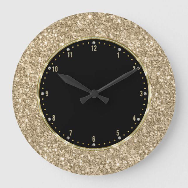 Schwarz mit goldener Glitzer Textur drucken Große Wanduhr (Vorderseite)
