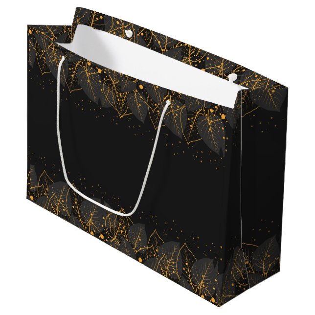 Schwarz mit goldener Leaf-Grenze Große Geschenktüte (Vorderseite Schrägansicht)