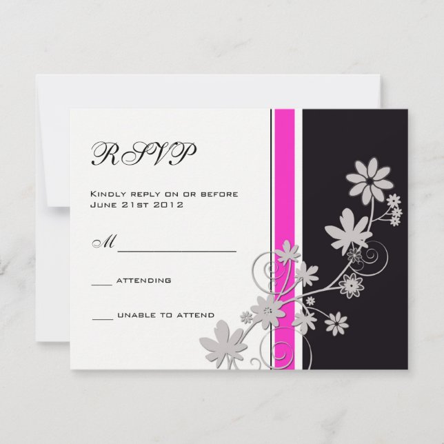 Schwarz mit Hot Pink Blume Wedding RSVP (Vorderseite)
