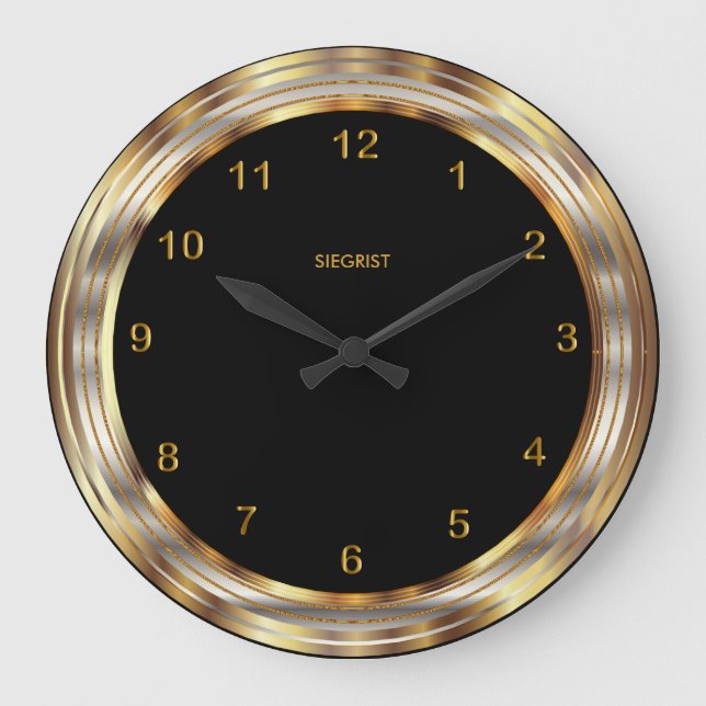 Schwarz mit Imitaten Metallischer Goldrahmen Große Wanduhr (Vorderseite)