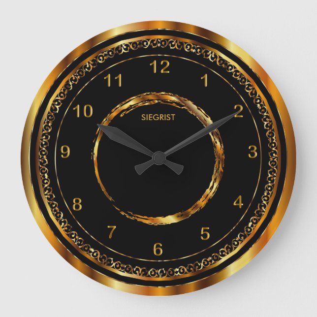 Schwarz mit Imitaten Metallischer Goldrahmen Große Wanduhr (Vorderseite)