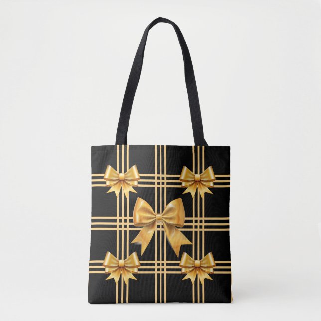 Schwarz mit Karierten Gold-Coquette-Bogen Tasche (Vorderseite)