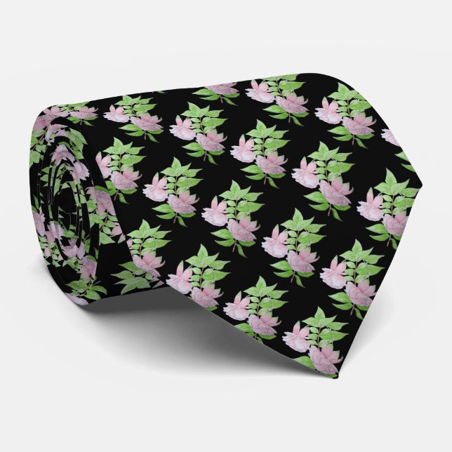 Schwarz mit kleinen rosa Blume und Blütenblättern Krawatte (Gerollt)
