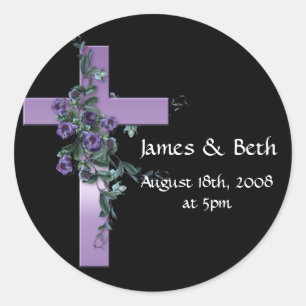 Schwarz mit Lila Kreuz mit violetten Blumen Runder Aufkleber