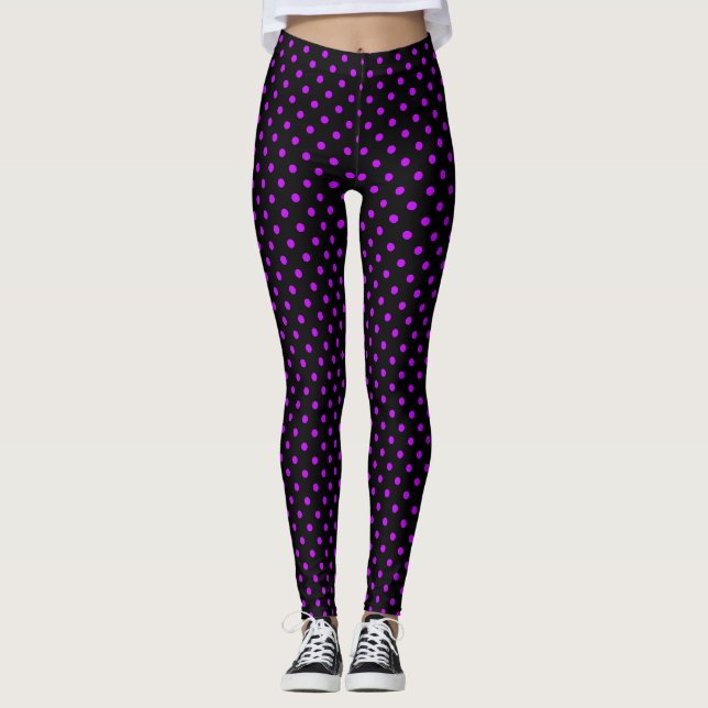 Schwarz mit Lila Polka-Punkten Leggings (Vorderseite)