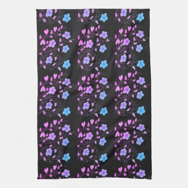 Schwarz mit Mauve und Blau Geschirrtuch (Vertikal)