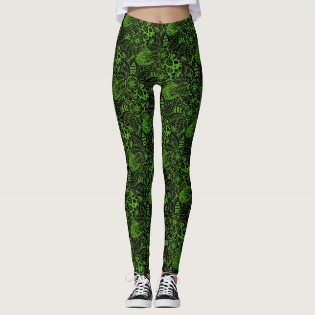Schwarz mit Neon Green Floral Lace Pattern Leggings (Vorderseite)
