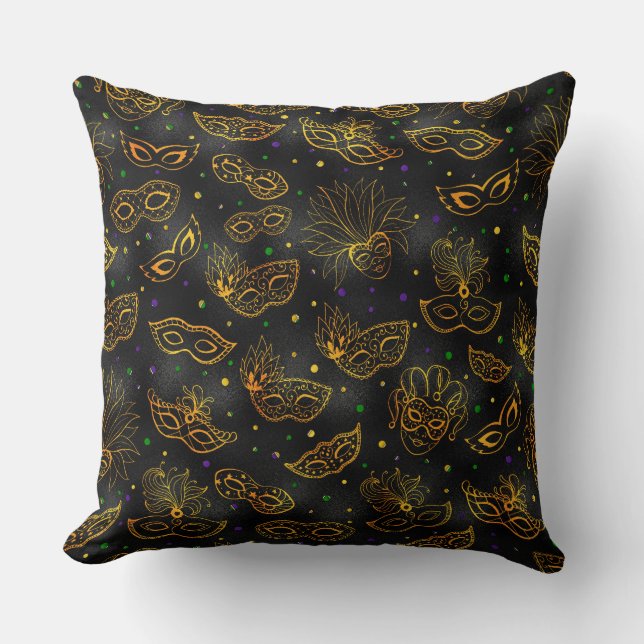 SCHWARZ MIT ORANGE GOLD MARDI GRAS MASKS KISSEN (Vorderseite)