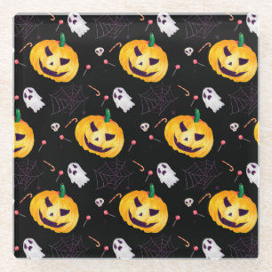 SCHWARZ MIT ORANGE HALLOWEEN PUMPKINS & GHOSTEN GLASUNTERSETZER