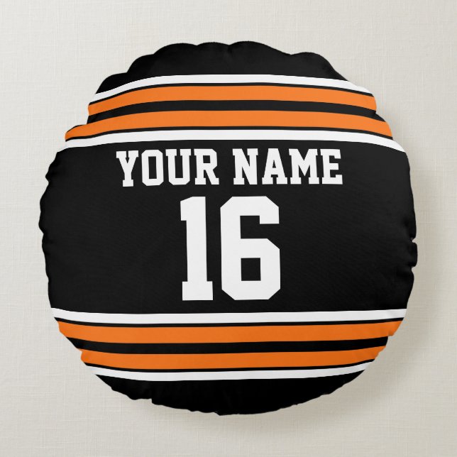 Schwarz mit Orange White Stripes Team Jersey Rundes Kissen (Vorderseite)
