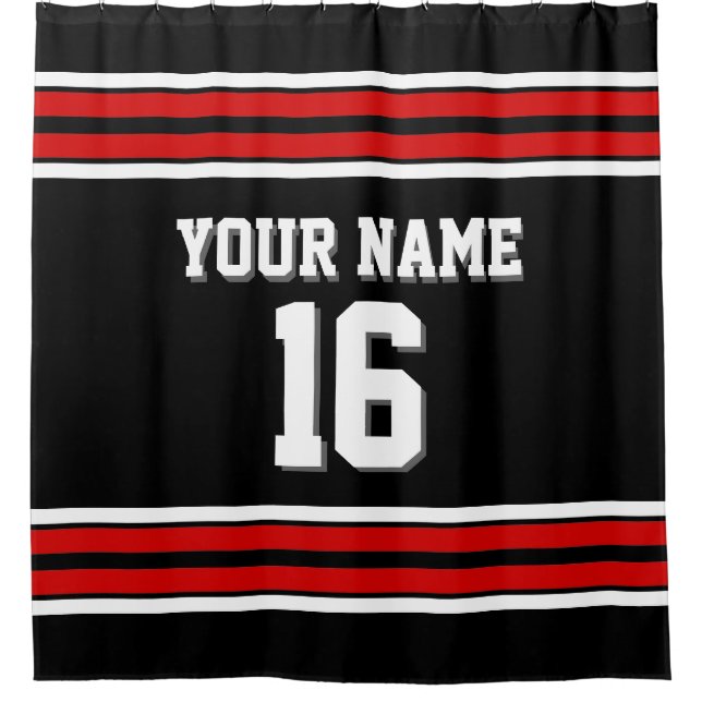 Schwarz mit Red White Stripes Sports Jersey Duschvorhang (Vorderseite)