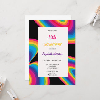Schwarz mit Regenbogen-Groovy-Geburtstagsparty Einladung