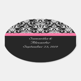 Schwarz mit rosa Leidenschaft Damask Ovaler Aufkleber