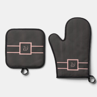 Schwarz mit rosa Pinstripes Ofenhandschuh & Topflappen-Set