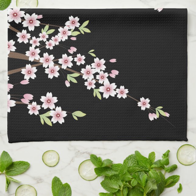 Schwarz mit rosa und grünem Kirschblossom Sakura Handtuch (Gefaltet)