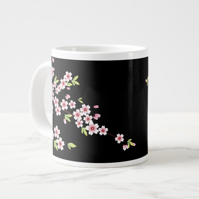 Schwarz mit rosa und grünem Kirschblossom Sakura Jumbo-Tasse (Vorderseite Links)