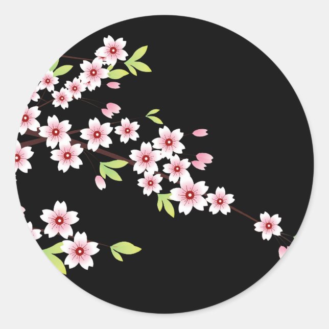Schwarz mit rosa und grünem Kirschblossom Sakura Runder Aufkleber (Vorderseite)