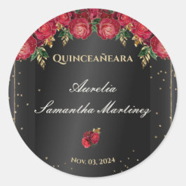 Schwarz mit Rote Rosen Quinceañera Calcamonias Runder Aufkleber