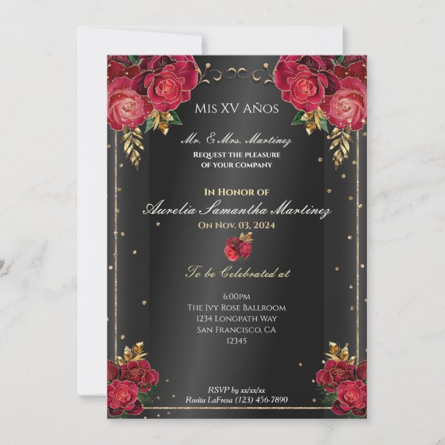 Schwarz mit Rote Rosen Quinceañera Einladungen (Vorderseite)
