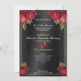 Schwarz mit Rote Rosen Quinceañera Einladungen