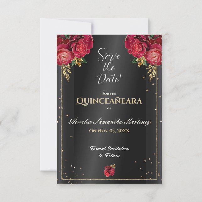 Schwarz mit Rote Rosen Quinceañera Save the Date (Vorderseite)