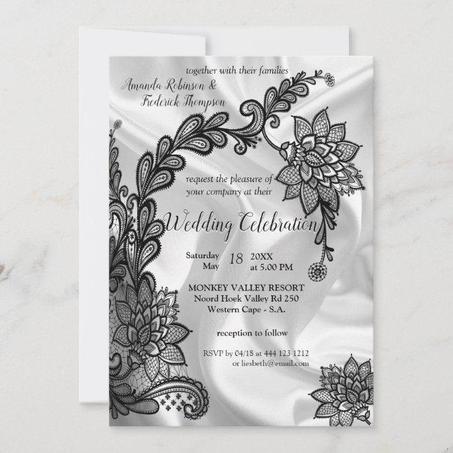 Schwarz mit Silber auf Champagner Silk Wedding Inv Einladung (Vorderseite)