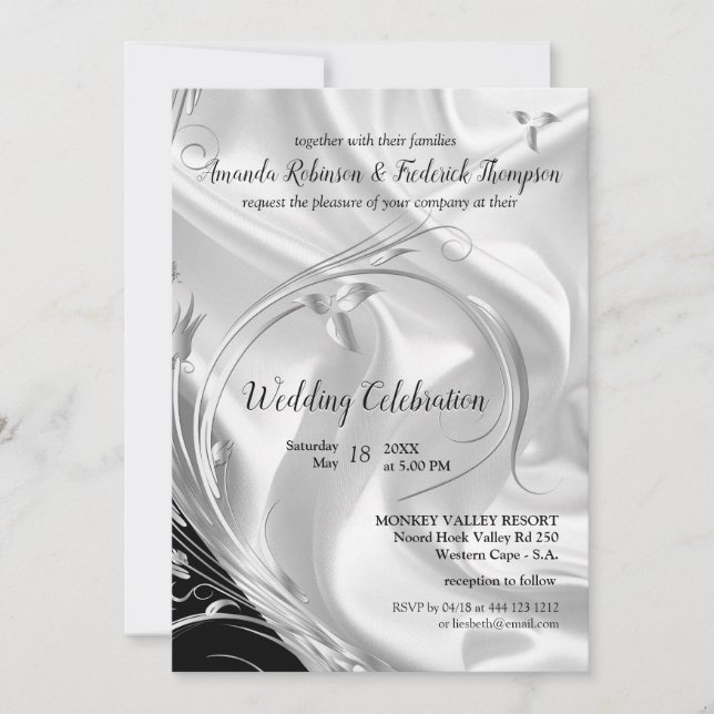 Schwarz mit Silber auf Champagner Silk Wedding Inv Einladung (Vorderseite)