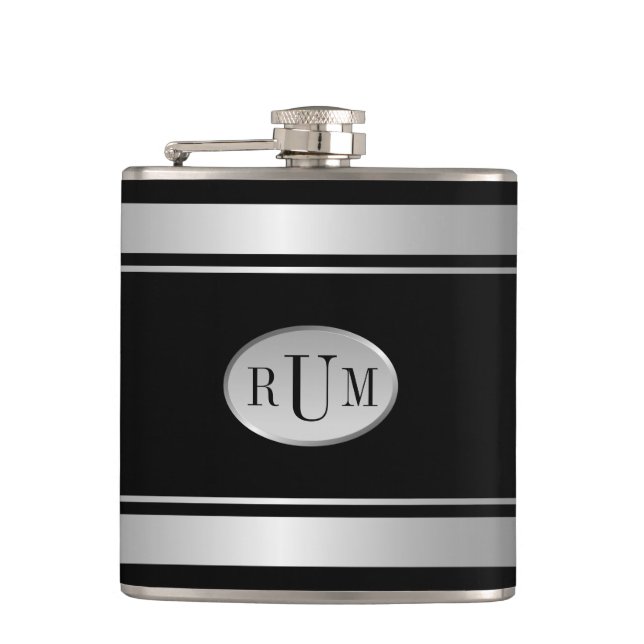 Schwarz mit Silberstreifen Borders Monogram Flask Flachmann (Vorderseite)