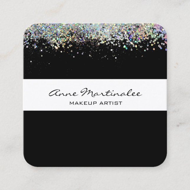 Schwarz mit Silver Holographic Look Imitate Glitze Quadratische Visitenkarte (Vorderseite)