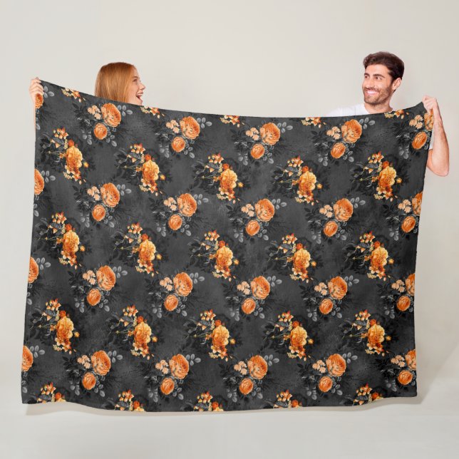 SCHWARZ MIT SPOOKY ORANGE HALLOWEEN BLUMENBOUQUEN FLEECEDECKE (Beispiel)