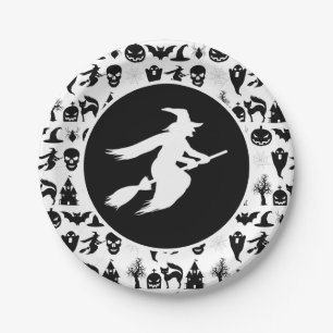 Schwarz mit weißer Hexe Halloween Pappteller