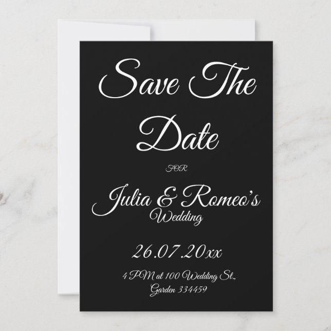Schwarz mit weißer Schrift Save-the-Date-Karte Einladung (Vorderseite)