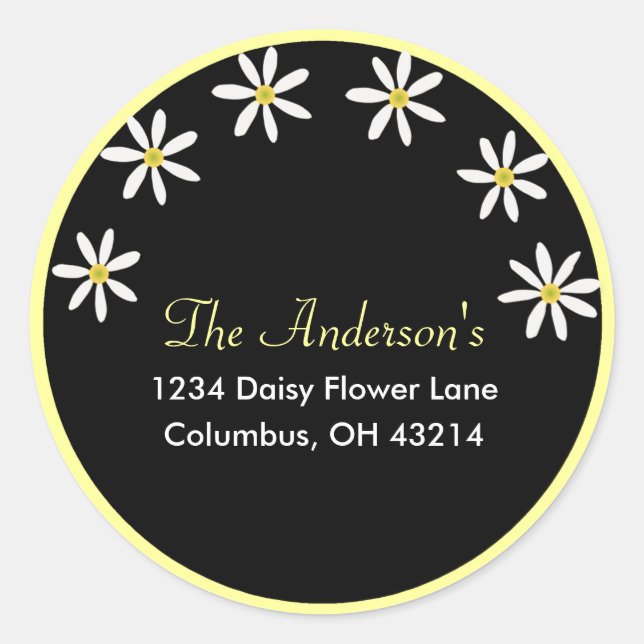 Schwarz mit White Daisis Address Labels Runder Aufkleber (Vorderseite)