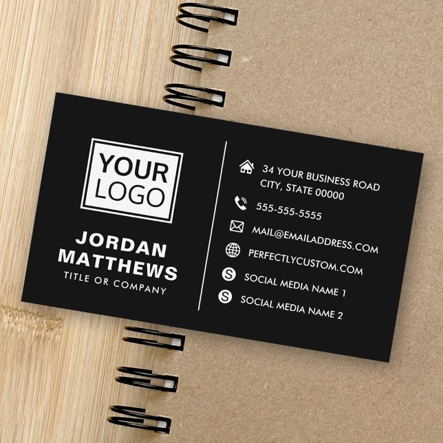 Schwarz modern hinzufügen Logo soziale Medien Icon Visitenkarte (Black modern add logo social media icons business card)